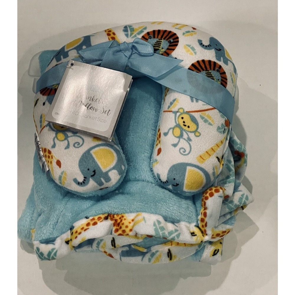 Baby Travel Neck Pillow and Blanket Set - Blue Animal Print
